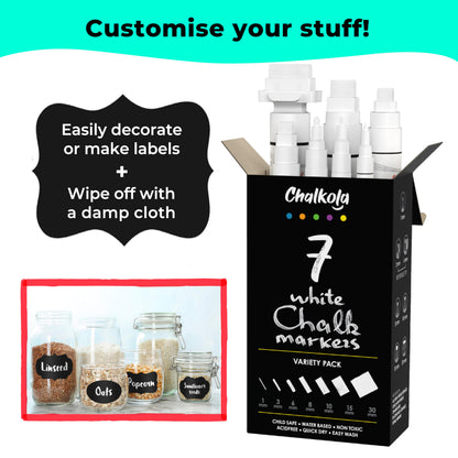 7 White Chalk Markers for Chalkboard Signs, Blackboard, Car Window, Bistro, Glass | 7 Variety Pack - Thin, Fine Tip, Bold & Jumbo Size Erasable Liquid Chalk Pens (1mm, 3mm, 6mm, 8mm, 10mm, 15mm, 30mm)
