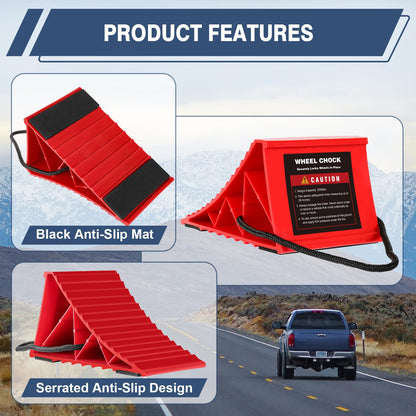 Wheel Chocks for Trailers, 4 Pack Hard Plastic RV Wheel Chocks with Non-Slip Base & Rope for Easy Removal, Tire Chock for Cars Wheels, Keep Your Truck or Camper in Place