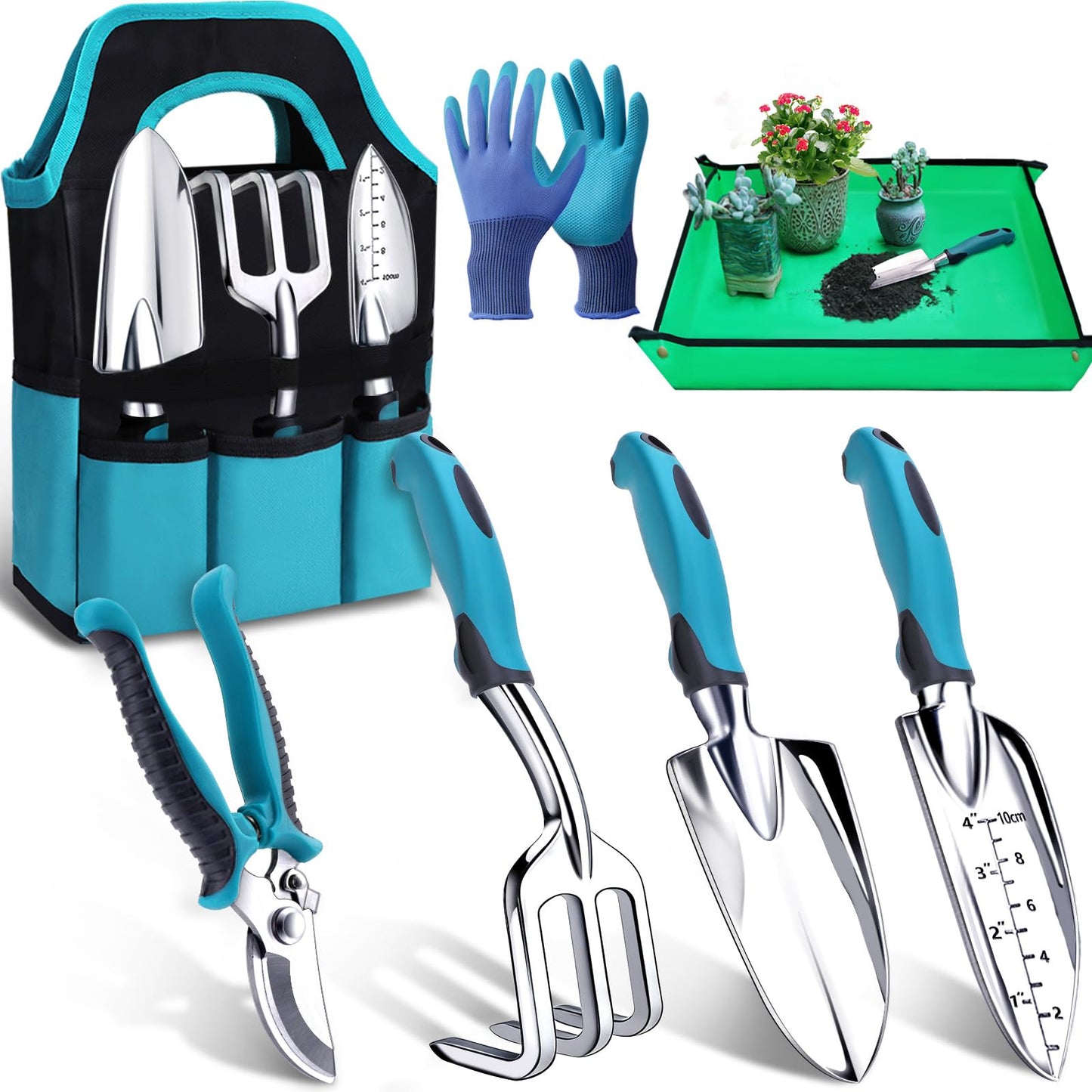 Kynup Gardening Tools 7-Piece, Heavy Duty Garden Tools Set with Non-Slip Handle, 29.5"x29.5"Repotting Mat, Hand Shovel, Gardening Hand Tools with Handbags and Gloves, Gardening Gifts for Women and Men