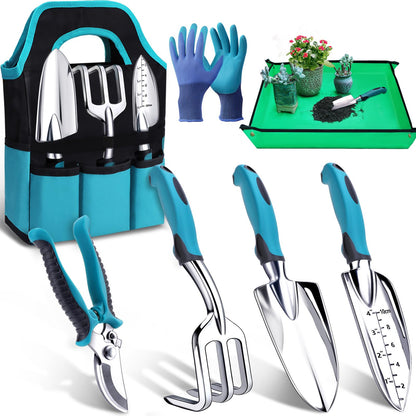 Kynup Gardening Tools 7-Piece, Heavy Duty Garden Tools Set with Non-Slip Handle, 29.5"x29.5"Repotting Mat, Hand Shovel, Gardening Hand Tools with Handbags and Gloves, Gardening Gifts for Women and Men