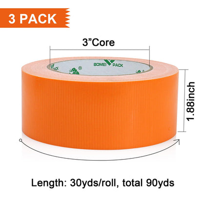 BOMEI PACK Orange Duct Tape, 3Rolls Heavy Duty Strong Industrial Color Duct Tape 9mil x 1.88inch x 30yds for Packing and Repairing