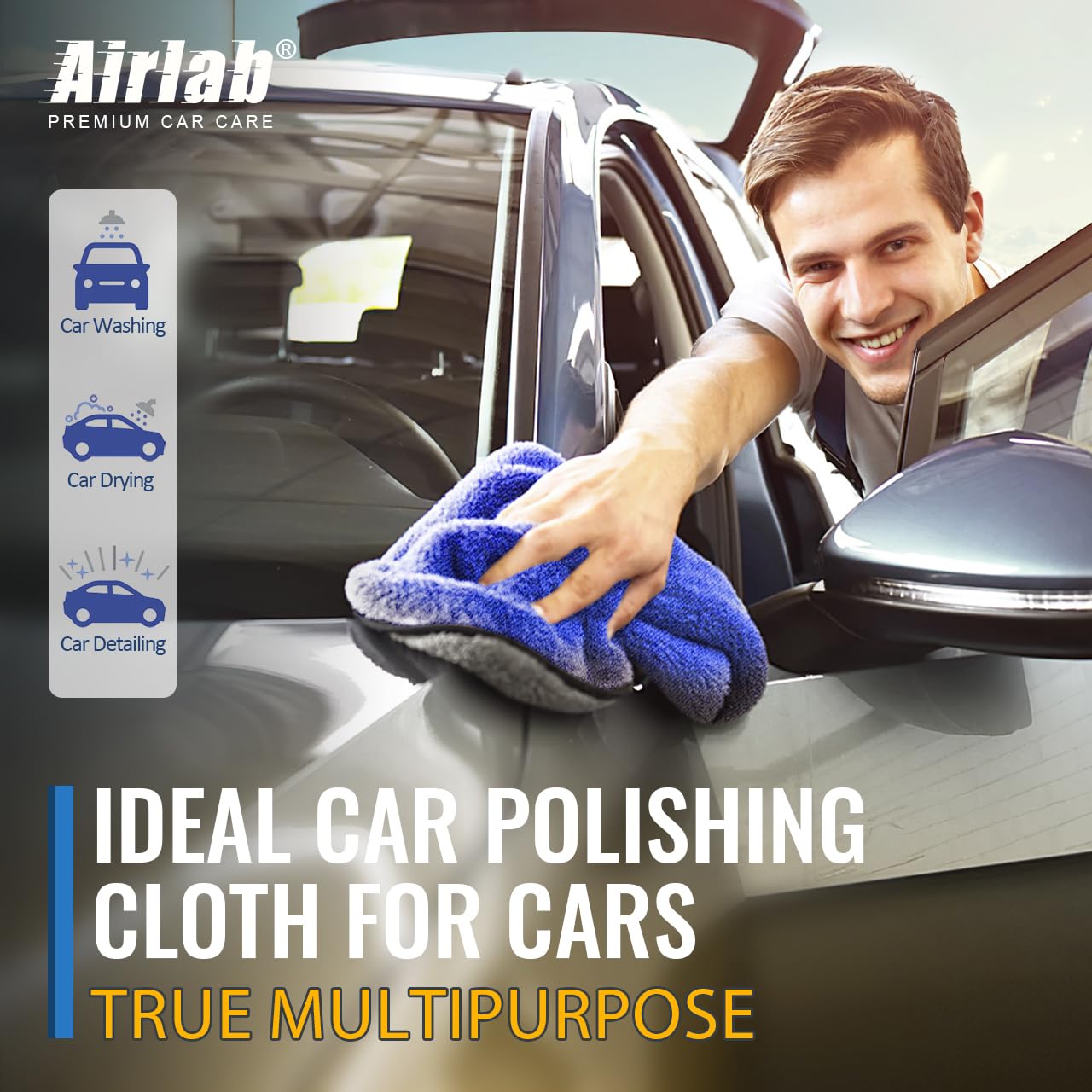 Airlab Microfiber Car Drying Towels 800GSM Thick Plush Cleaning Cloths Auto Detailing Quick Dry Wash Cloth for Interior & Exterior Lint Free, Streak Free, 40 x 40 cm, 4 Pack