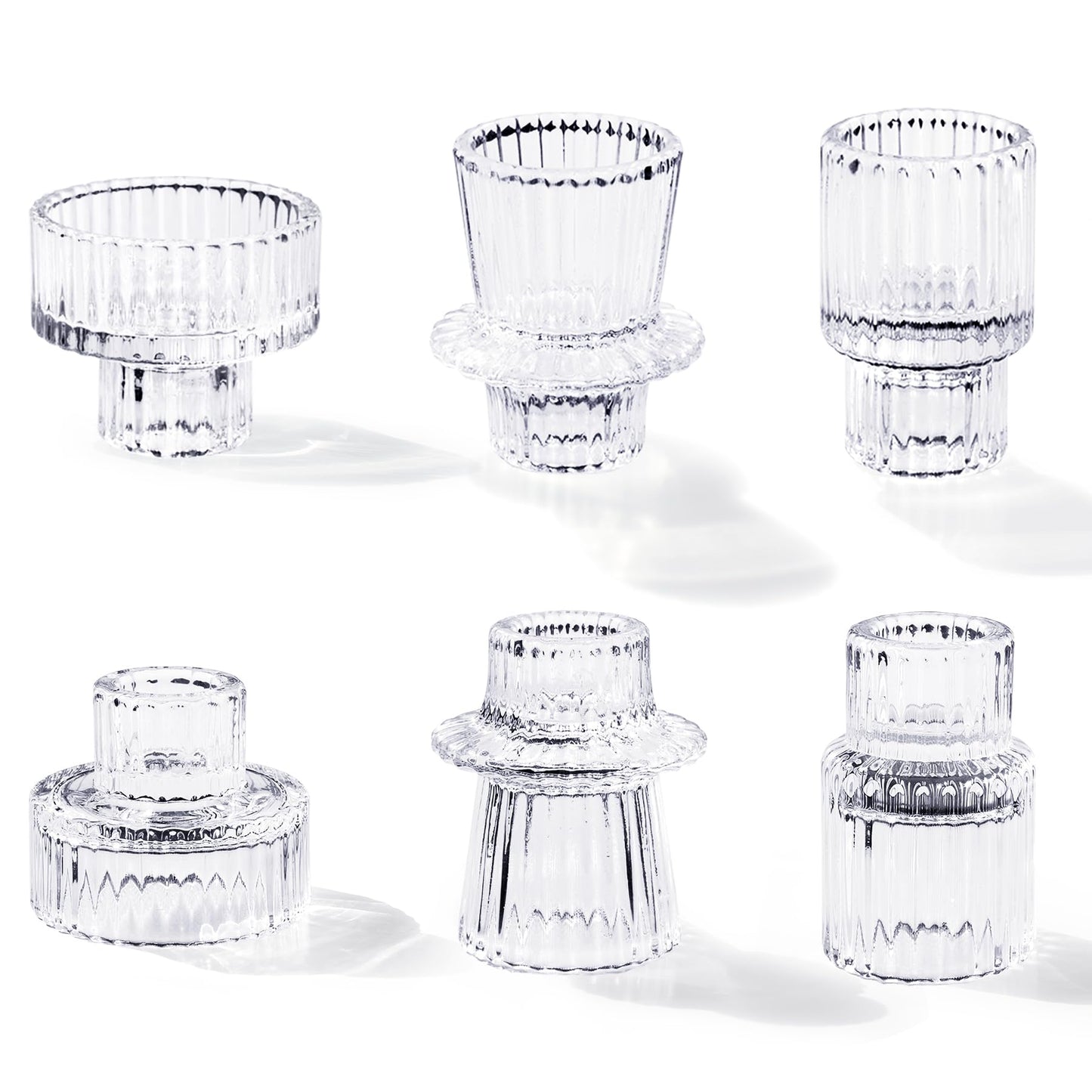 Toptime Candlestick Holders Set of 6, Ribbed Glass Taper Candle Holders, Reversible Clear Tealight & Candle Stick Candle Holder Vintage Crystal Tapered Candlestick for Wedding Dinner Party Festival