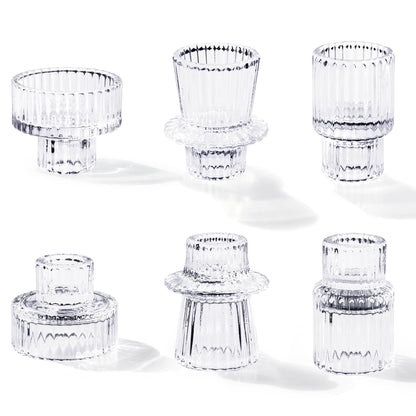 Toptime Candlestick Holders Set of 6, Ribbed Glass Taper Candle Holders, Reversible Clear Tealight & Candle Stick Candle Holder Vintage Crystal Tapered Candlestick for Wedding Dinner Party Festival