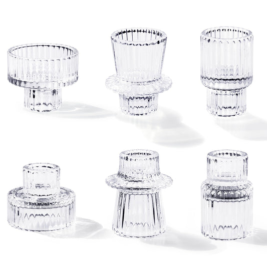 Toptime Candlestick Holders Set of 6, Ribbed Glass Taper Candle Holders, Reversible Clear Tealight & Candle Stick Candle Holder Vintage Crystal Tapered Candlestick for Wedding Dinner Party Festival