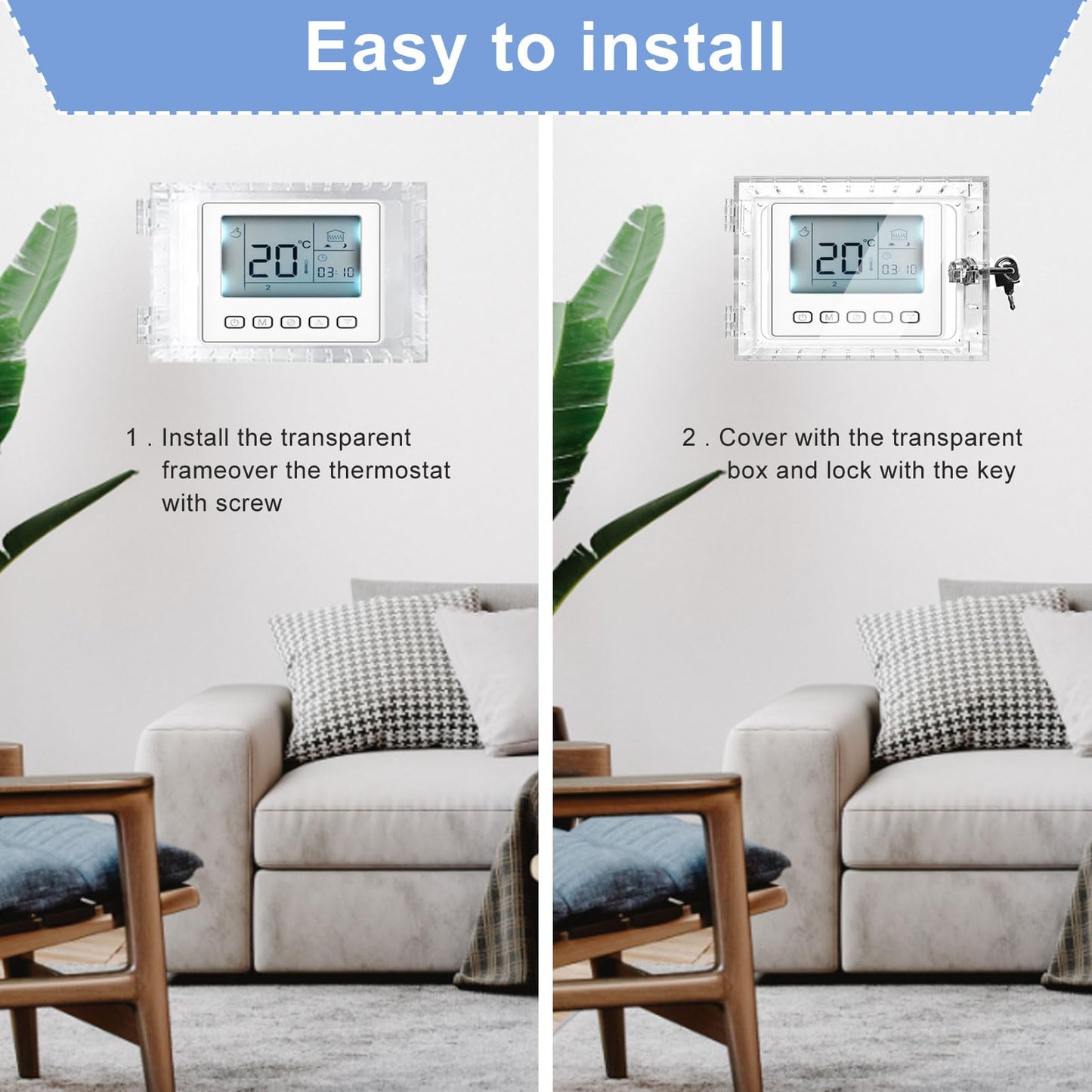Universal Thermostat Lock Box with Key, Clear Large Thermostat Guard for Wall, Thermostat Cover with Lock for Thermostats 6.5" x 4" x 2" or Smaller (2)