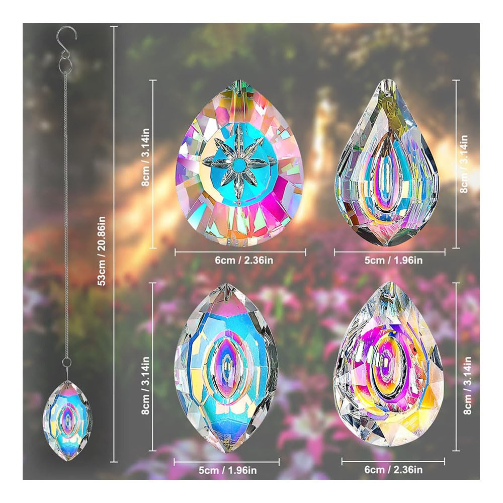 4pcs Hanging Crystals Suncatcher Prism 80mm Window Hanging Sun Catchers AB Colored Coating Rainbow Maker Glass Prisms Pendant with Chain (Rainbow)