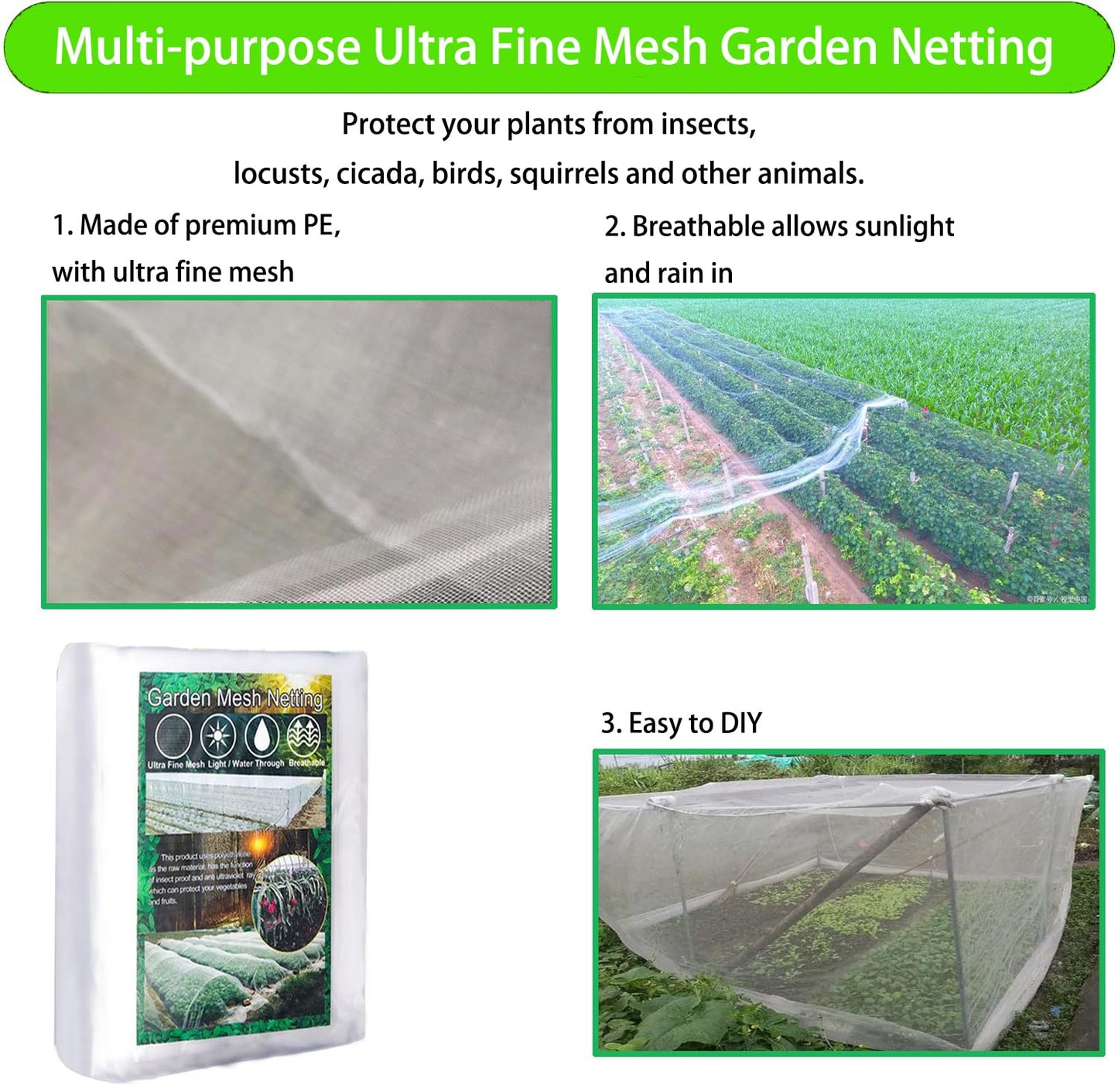 Ultra Fine Garden Mesh Netting,10x33FT Plant Cover,Barrier Protection Net for Anti Mosquito Insects Birds Animals,Plant Row Cover for Vegetable Plants, Fruits, Crops & Greenhouses