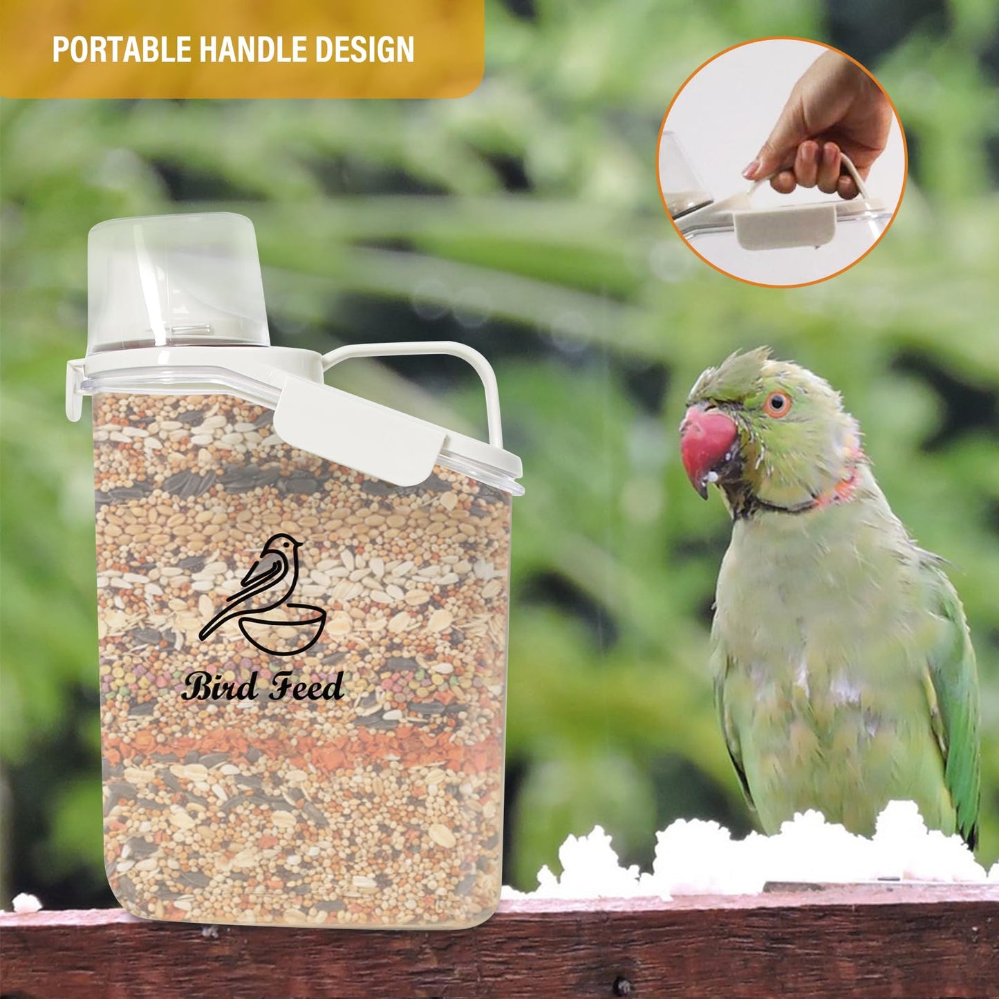 Brabtod Bird Seed Storage Container Portable-3 Qt/2.8 L Clear Plastic Pet Food Container-with Measuring Cup,Airtight Wild Bird Seed Dispenser for Storing Sunflower Seed|Squirrel proof|BPA Free-White