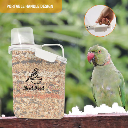 Brabtod Bird Seed Storage Container Portable-3 Qt/2.8 L Clear Plastic Pet Food Container-with Measuring Cup,Airtight Wild Bird Seed Dispenser for Storing Sunflower Seed|Squirrel proof|BPA Free-White