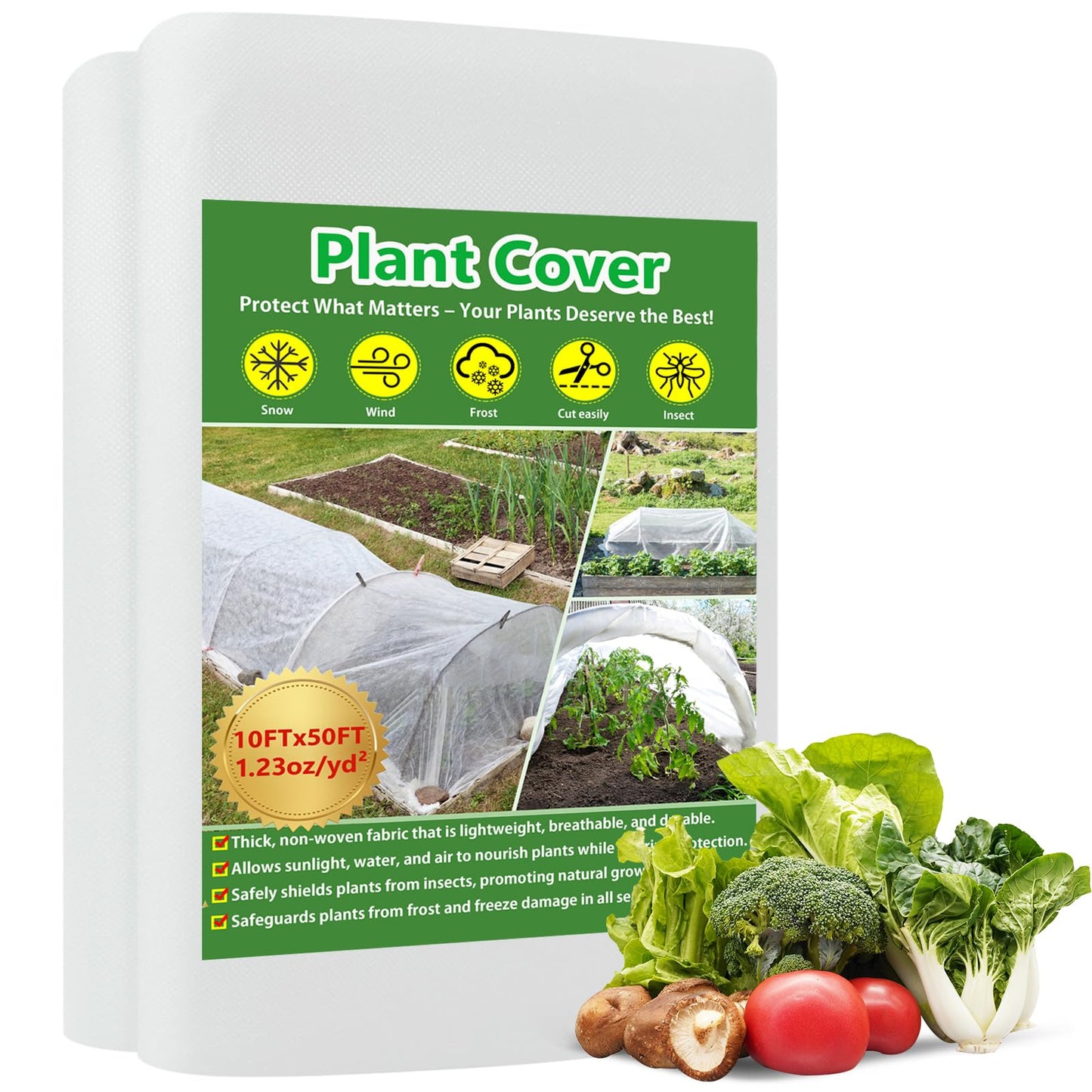 Plant Covers Freeze Protection, 10x50ft Green Frost Blanket for Winter, 1.23 oz/yd² Fabric, Premium Frost Protection Cover, Breathable Garden Row Covers for Outdoor Plants