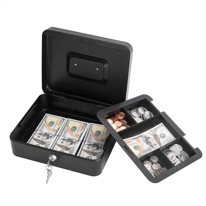 Cash Box with Money Tray and Lock, Large Metal Lock Box for Money Safe 9.84 x 7.87 x 3.54 Inches - Black