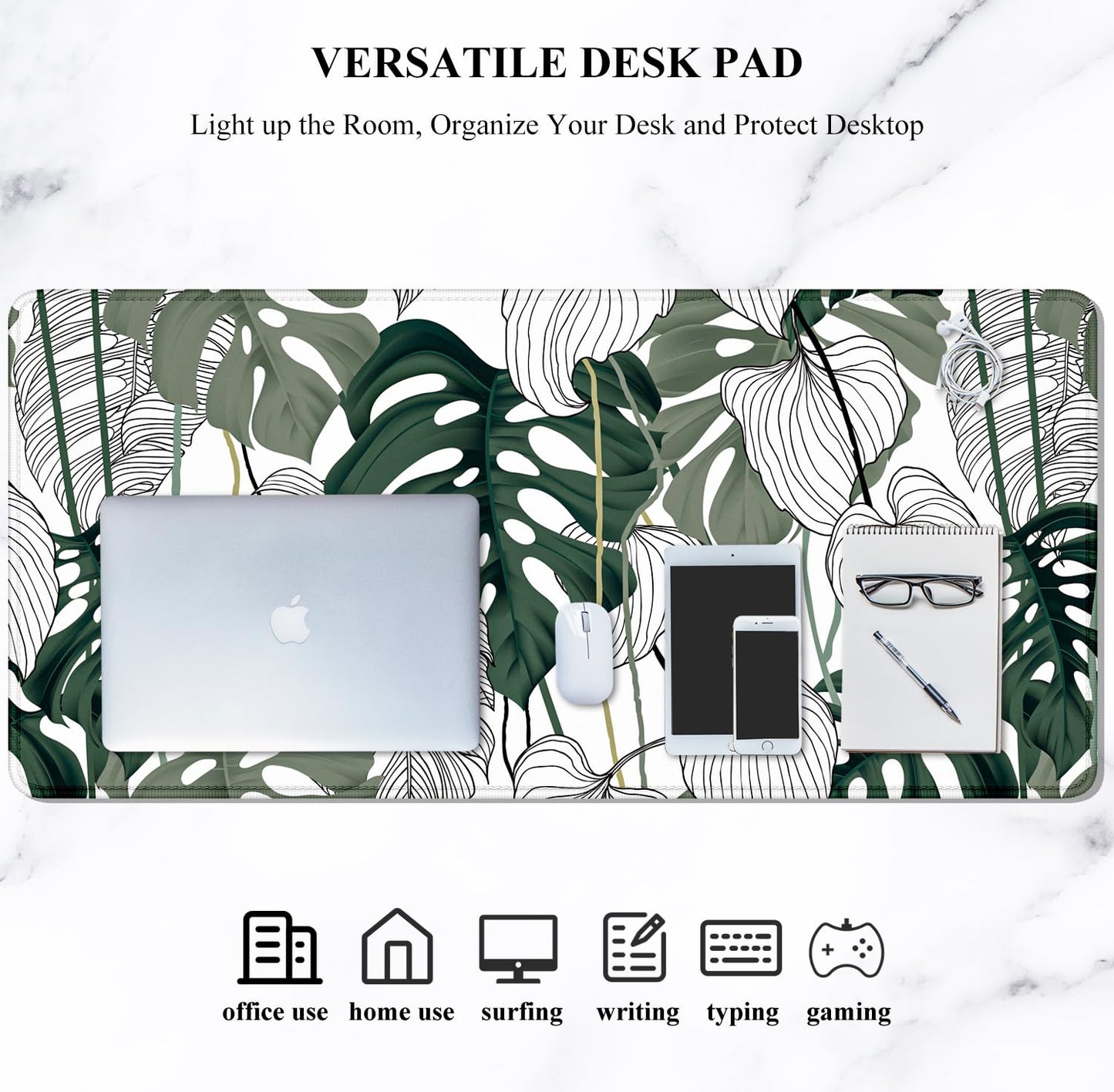 Auhoahsil Desk Mouse Pad, Large Gaming Mousepad, XXL Desk Pad, Extended Long Superior Micro-Weave Cloth Non-Slip Rubber Big Computer Mouse Mat for Gamer, Office & Home, 35" x 15", Abstract Monstera