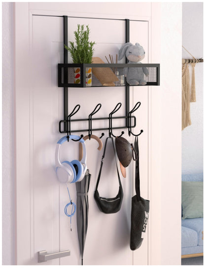 Over The Door Hooks Organizer Storage - Over The Door Hanger for Coat Rack, Over Door Storage with 12 Hooks & 2 Mesh Baskets, for Bathroom,Bedroom,Kitchen,Office (Single Basket)