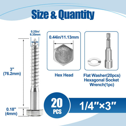 ANCHOREASE 1/4″×3″ Hex Head Lag Screws (20 Sets), 304 Stainless Steel 18-8, Heavy Duty Lag Bolts Wood Screws, with Flat Washer, Containing 1 Hexagonal Socket Wrench