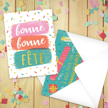 Colorful Happy Birthday Card Assortment / 24 Folded Anniversaire Greeting Cards With White Envelopes / 4 5/8" x 6 1/4" French Canadian Notecards / 4 Unique Designs/Made In Canada