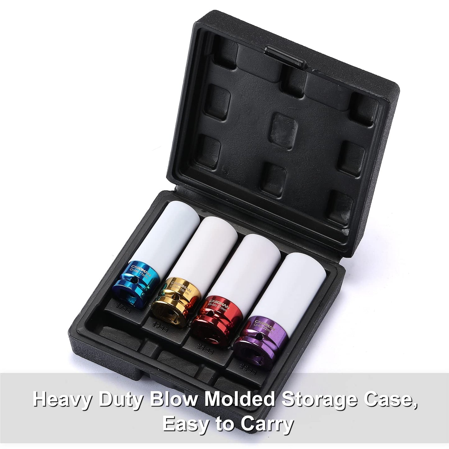 CASOMAN 1/2- Inch Drive Wheel Protector Impact Socket, 1/2" Thin Wall Deep Impact Socket Set Plastic Sleeve Lug Nut, 4 Pieces Set, 6 Point,Metric, CR-MO, 17mm,19mm,21mm,22mm