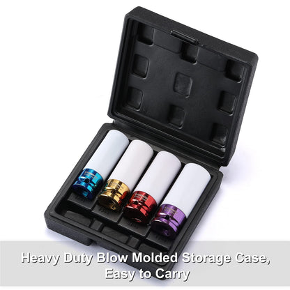 CASOMAN 1/2- Inch Drive Wheel Protector Impact Socket, 1/2" Thin Wall Deep Impact Socket Set Plastic Sleeve Lug Nut, 4 Pieces Set, 6 Point,Metric, CR-MO, 17mm,19mm,21mm,22mm