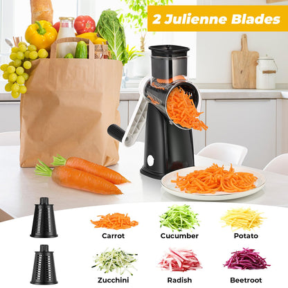 Vihoom Rotary Cheese Grater, 5 in 1 Interchangeable Blades Cheese Shredder, Mandoline Slicer for Kitchen with Cleaning Brush & Bonus Storage Box for Blades (Black)