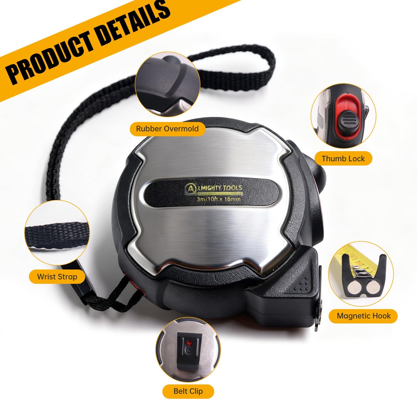 Tape Measure, Small Retractable Measuring Tape, Mini Tape Measure with Metric/Inch, Dual Sided, Magnetic Hooks, Rubber + Stainless Steel Case, for Home, Construction & DIY (16ft)