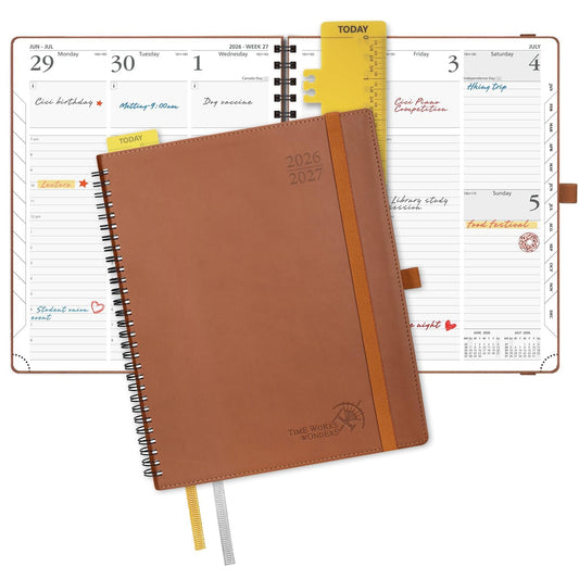 POPRUN Planner 2026-2027 (Large - 8.5'' x 10.5'') Academic Weekly Calendar (July 2026 - June 2027) with Hourly Time Slots, Monthly Tabs, 100GSM Thick Papers, Spiral Leather Cover - Brown