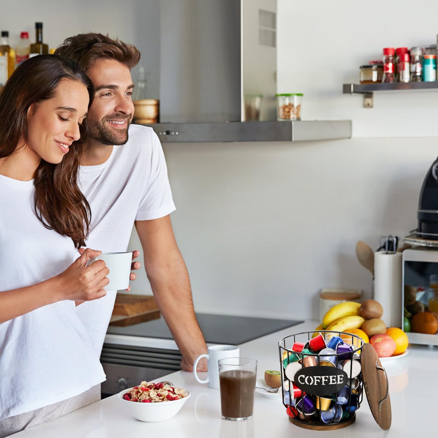 yarlung Coffee Pod Holder with Lid, Large Capacity K Cup Holder with Rustic Wooden Base, Black Wire Coffee Storage Basket for Kitchen Countertop, Cafe Bar Organizer