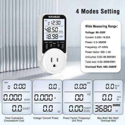 Suraielec Watt Meter, Plug-in Socket Power Meter, 90V-250V Wide Range, Backlit Large Display, Auto Cost Calculator, Overload Protection, Kilowatt Wattage Voltage AMP Tester, Electricity Usage Monitor