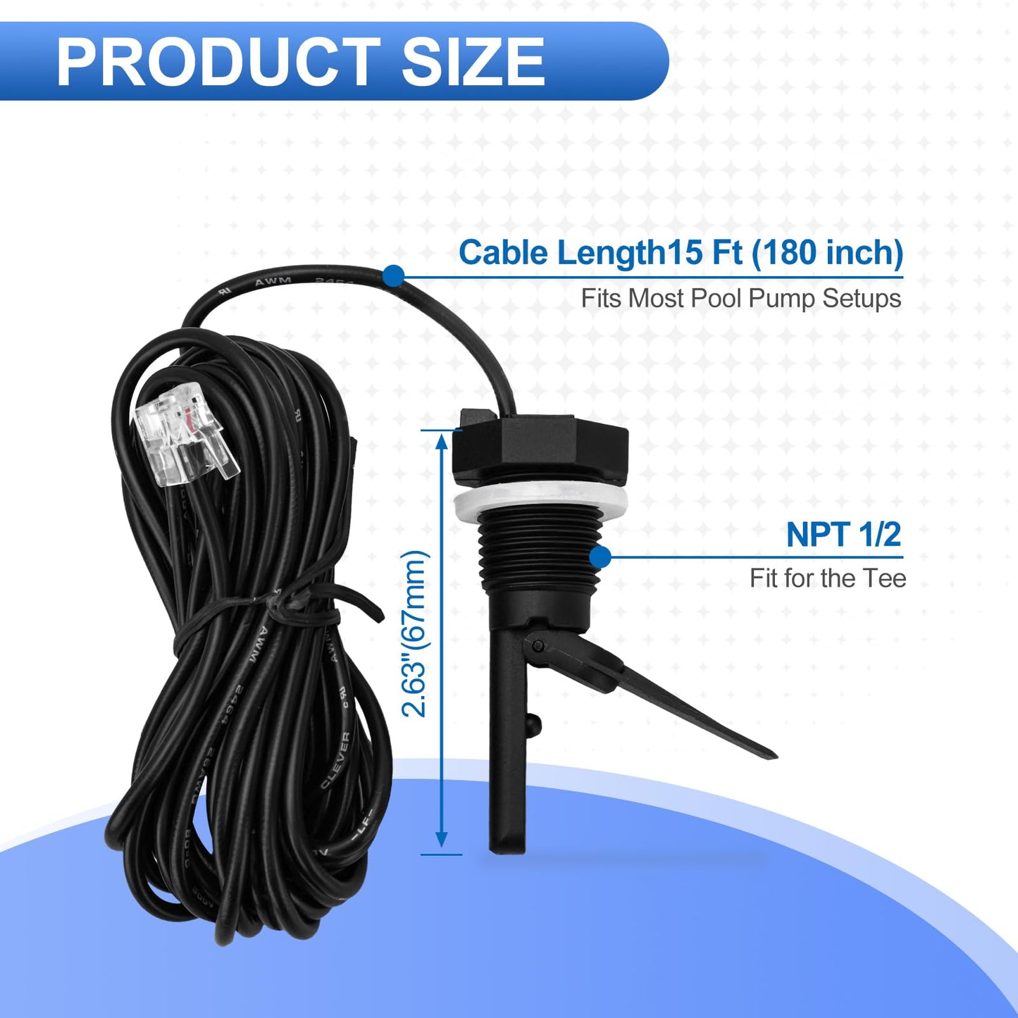 Baomain 15Ft Pool Flow Switch GLX-FLO-RP, 1/2 inch Thread for Hayward & Goldline Salt System, Suitable Hayward Salt Cell Chlorine Generator Sensor Switch
