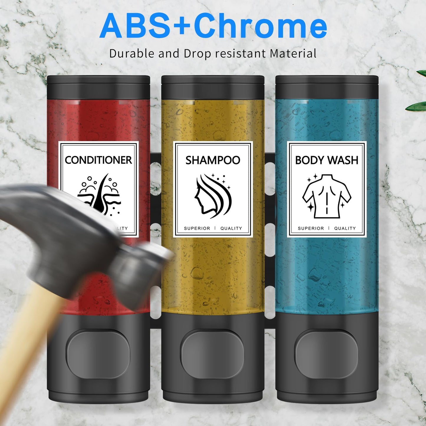 Volufia Shower Dispenser 3 Chamber No Drill, Shampoo Dispenser for Shower Wall, Shampoo and Conditioner Dispenser, Shower Soap Dispenser Bathroom 3x300ML, Black