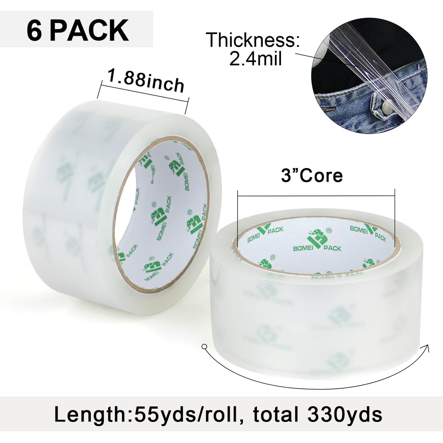 BOMEI PACK Quiet Packing Tape Clear, No Noise Tape, 1.88 Inch x 50m, 6 Rolls