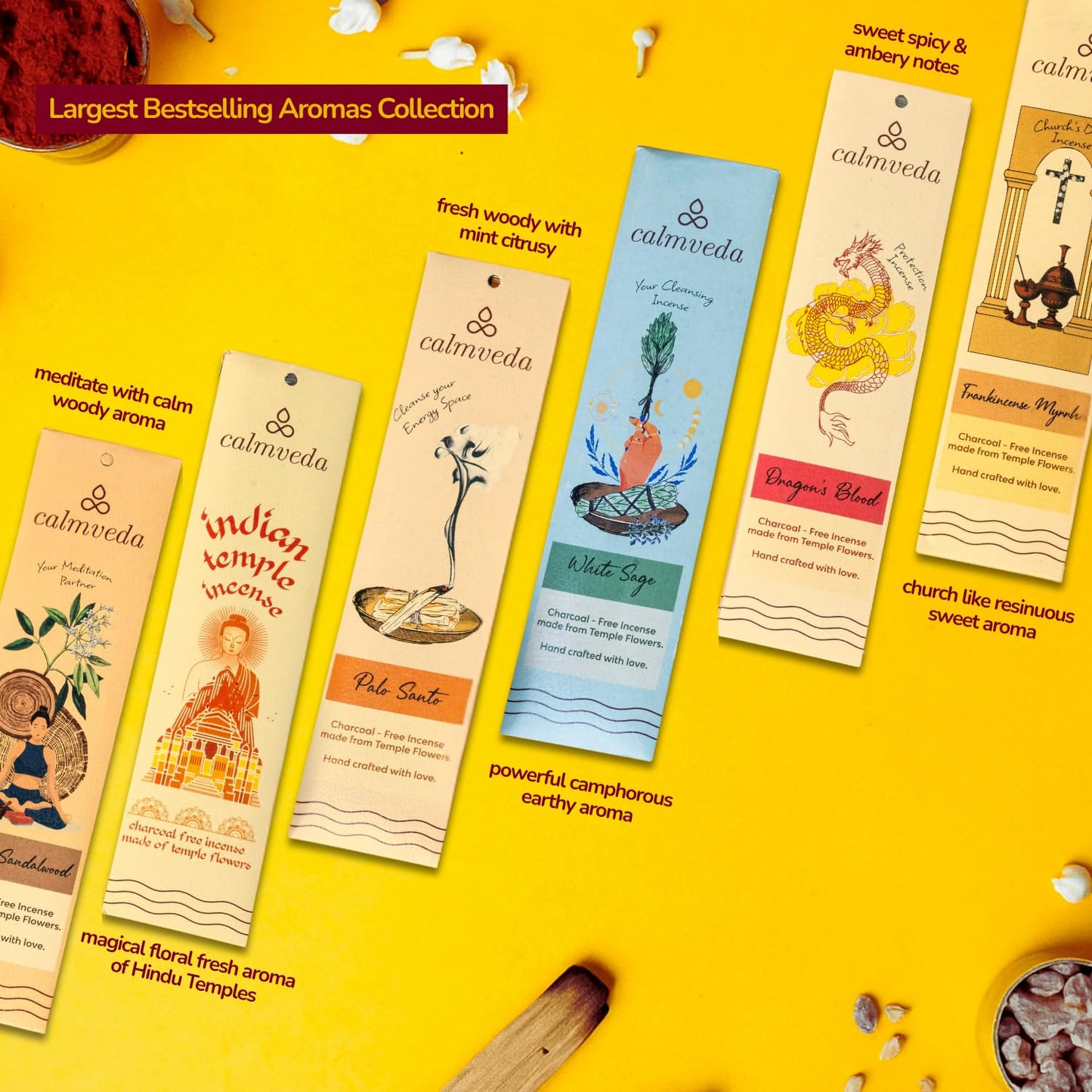 CALMVEDA Natural Incense Sticks Mega - Variety Pack (144 Insence-sticks Bulk, 12 Aromas) Clean No Charcoal Incense, Made from Upcycled Flowers | Organic Incense Sticks Non Toxic (Slow burn, Longlast)