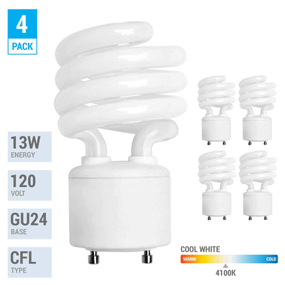 KOR (4 Pack) 13 Watt Mini Spiral - GU24 Base - (60W Equivalent) - T2 Mini-Twist - CFL Light Bulb (Cool White (4100K), CFL)