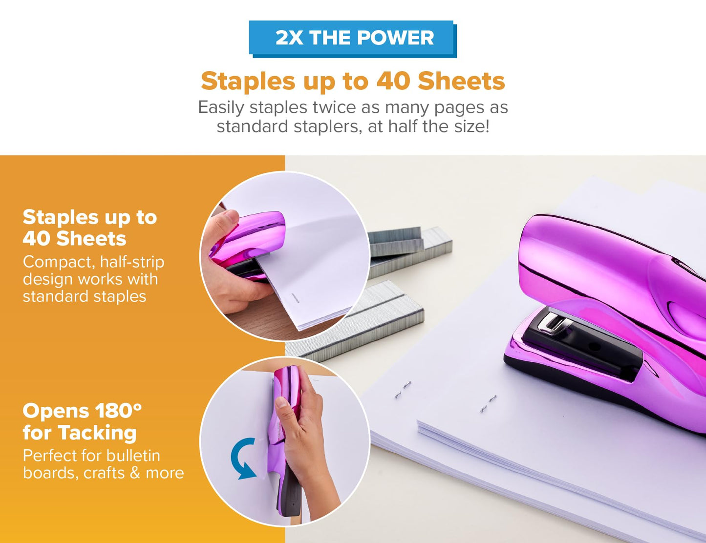 Bostitch Office Heavy Duty 40 Sheet Stapler with 1250 Staples & Claw Remover, Small Stapler Size, Fits into The Palm of Your Hand, Value Pack, Metallic Purple (B175-PURPLEM-VP)