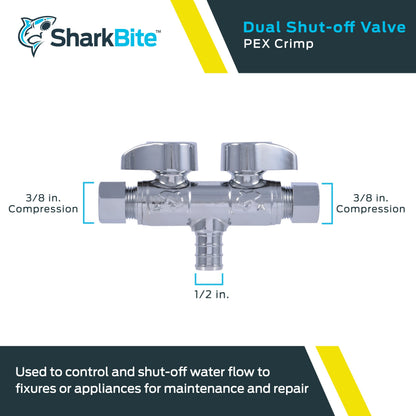Sharkbite 1/2 x 3/8 x 3/8 Inch Brass Crimp Angle Stop Valve, Dual Shut Off, Quarter Turn, PEX Pipe, PE-RT, UCDS123838Z