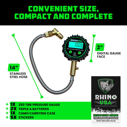 Rhino USA Digital Tire Pressure Gauge (0-250 PSI) - Professional ANSI B40.7 Accurate, Easy Read Glow Dial, Premium Braided Hose - Heavy Duty Air Guage for Truck Tires, Cars, Semi, RV & More!