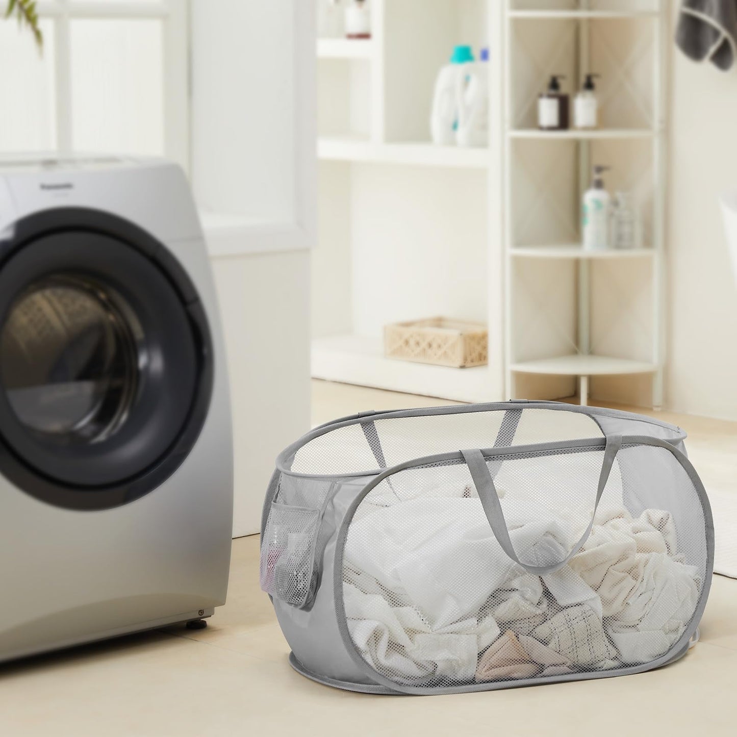 Collapsible Mesh Pop Up Laundry Basket with Durable Handles and Pockets, Portable, Foldable, Deluxe Clothes Hamper for Travel, Laundry Room, Dorm or Bathroom, Space Saving Organizer, Grey, 2 Pack