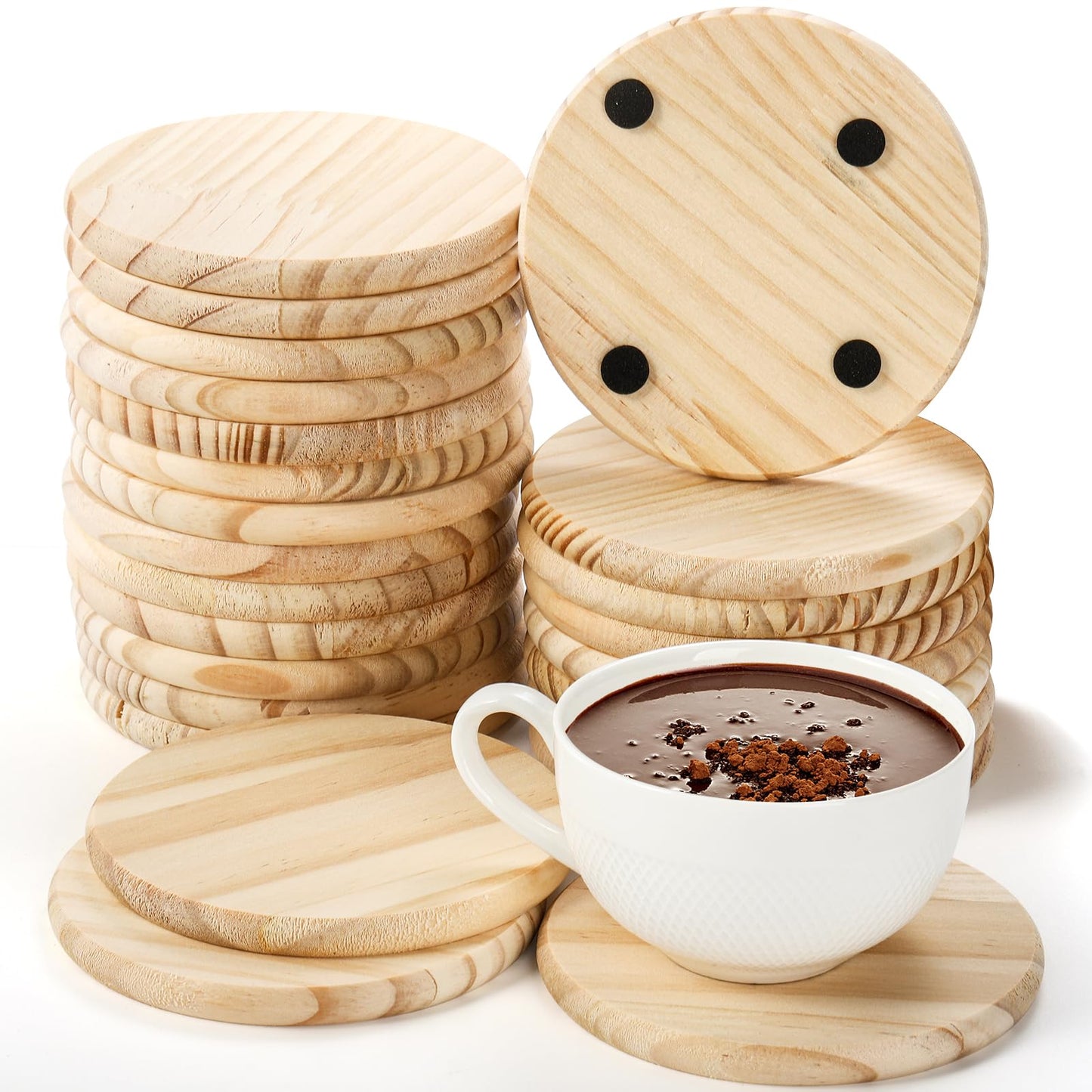 Dicunoy 24 PCS Unfinished Wood Coasters, 4 inch Round Thick Wooden Blank Coasters for Crafts with 96PCS Foam Knots for DIY Mosaic, Coaster, Laser Cutting Engraving, Painted, Pyrography, Arts