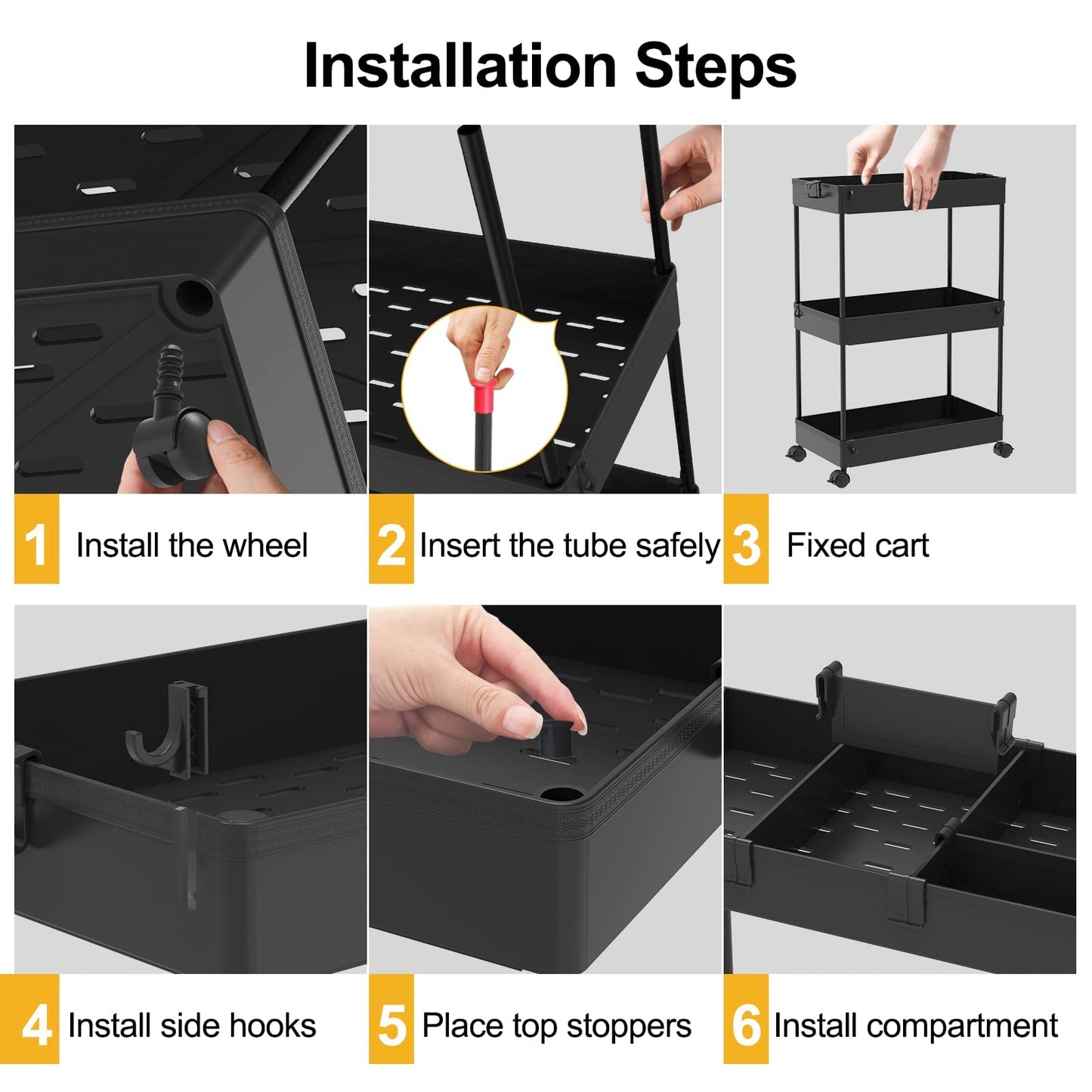 SPACELEAD Slim Storage Cart,3 Tier Bathroom Rolling Utility Cart Storage Organizer Slide Out Cart, Mobile Shelving Unit Organizer Trolley for Office Bathroom Kitchen Laundry Room Narrow Places, Black
