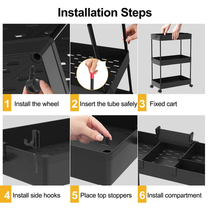 SPACELEAD Slim Storage Cart,3 Tier Bathroom Rolling Utility Cart Storage Organizer Slide Out Cart, Mobile Shelving Unit Organizer Trolley for Office Bathroom Kitchen Laundry Room Narrow Places, Black