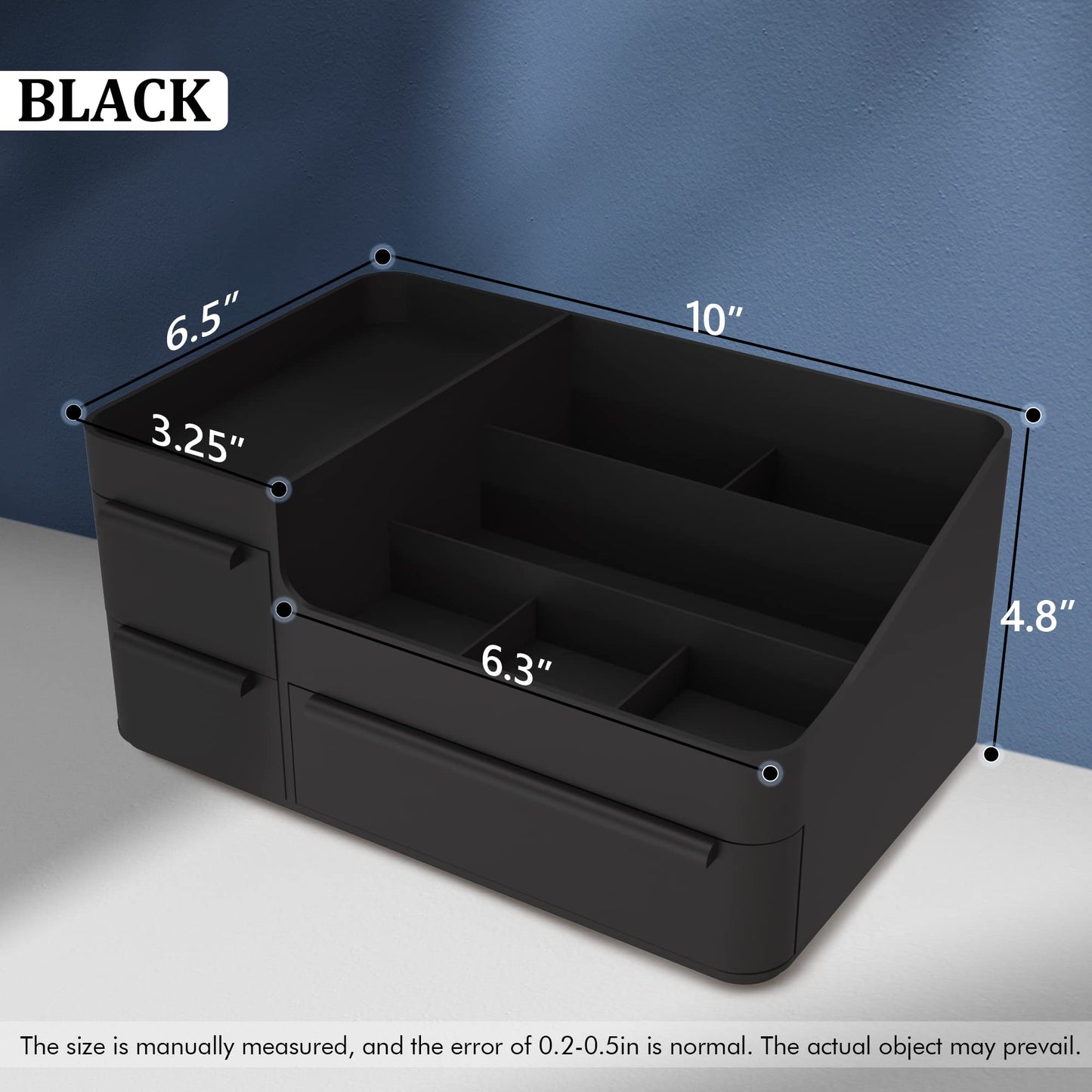 Black Plastic Vanity Makeup Organizer, 6-Compartment Holder for Brushes, Eyeshadow Palettes, & Beauty Supplies, Easy to use with drawer organizer tray