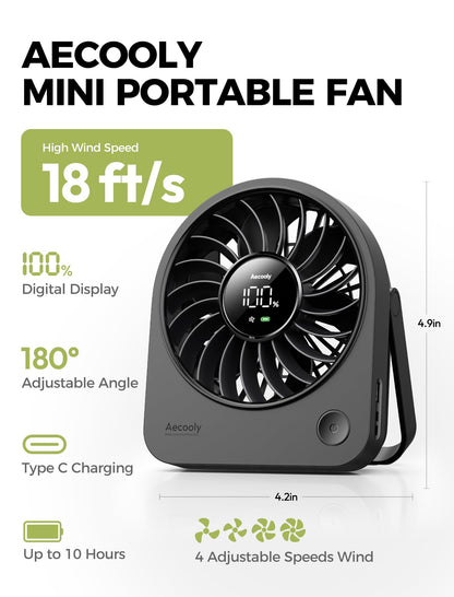 Aecooly Mini Portable Fan, Small Enough to Hold USB Desk Fan, 4 Speeds Quiet Rechargeable [10H Max Cooling Time], 180° Adjustable Battery Powered Personal for Travel, Office, Gifts for Women -Black