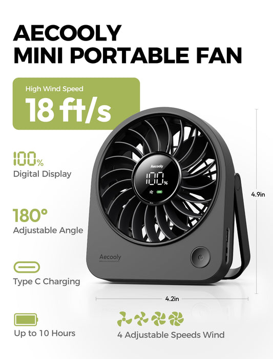 Aecooly Mini Portable Fan, Small Enough to Hold USB Desk Fan, 4 Speeds Quiet Rechargeable [10H Max Cooling Time], 180° Adjustable Battery Powered Personal for Travel, Office, Gifts for Women -Black
