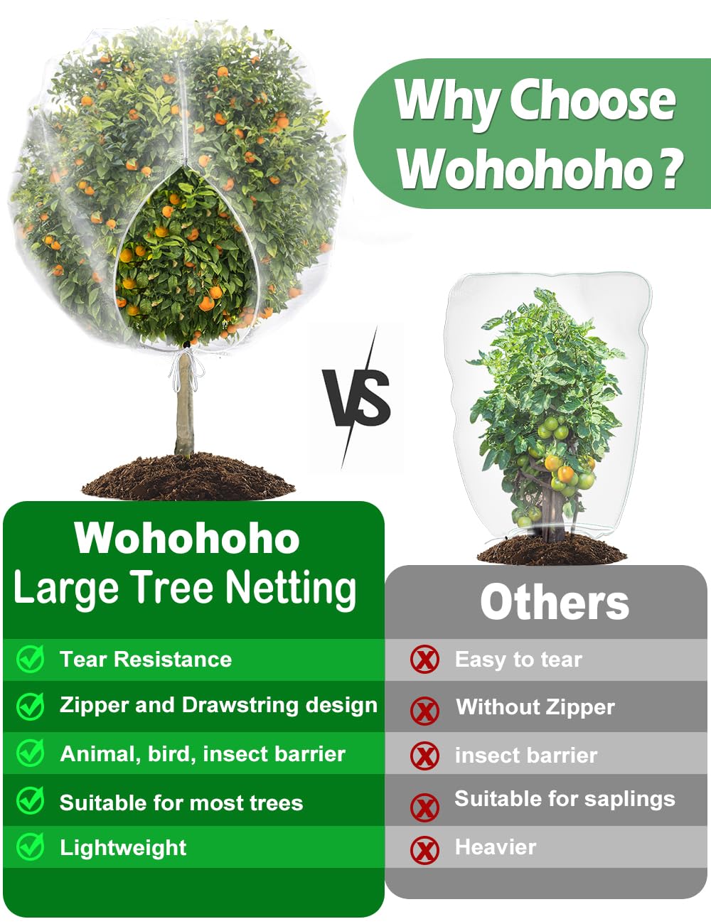 wohohoho 8 x 8ft Large Fruits Tree Netting, Insect Bird Barrier Tree Net with Drawstring and Zipper, Plant Cover Fruit Tree Protection to Prevent Tomato Blueberry Vegetables from Squirrels Birds