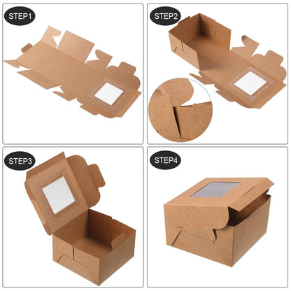 50 Pack 4 x 4 x 2.5 Inches Brown Bakery Boxes Kraft Paper Pastry Boxes with Window Gift Packaging Boxes for Pastries, Mini Cakes, Cookies, Donut, Pie Slice, and More