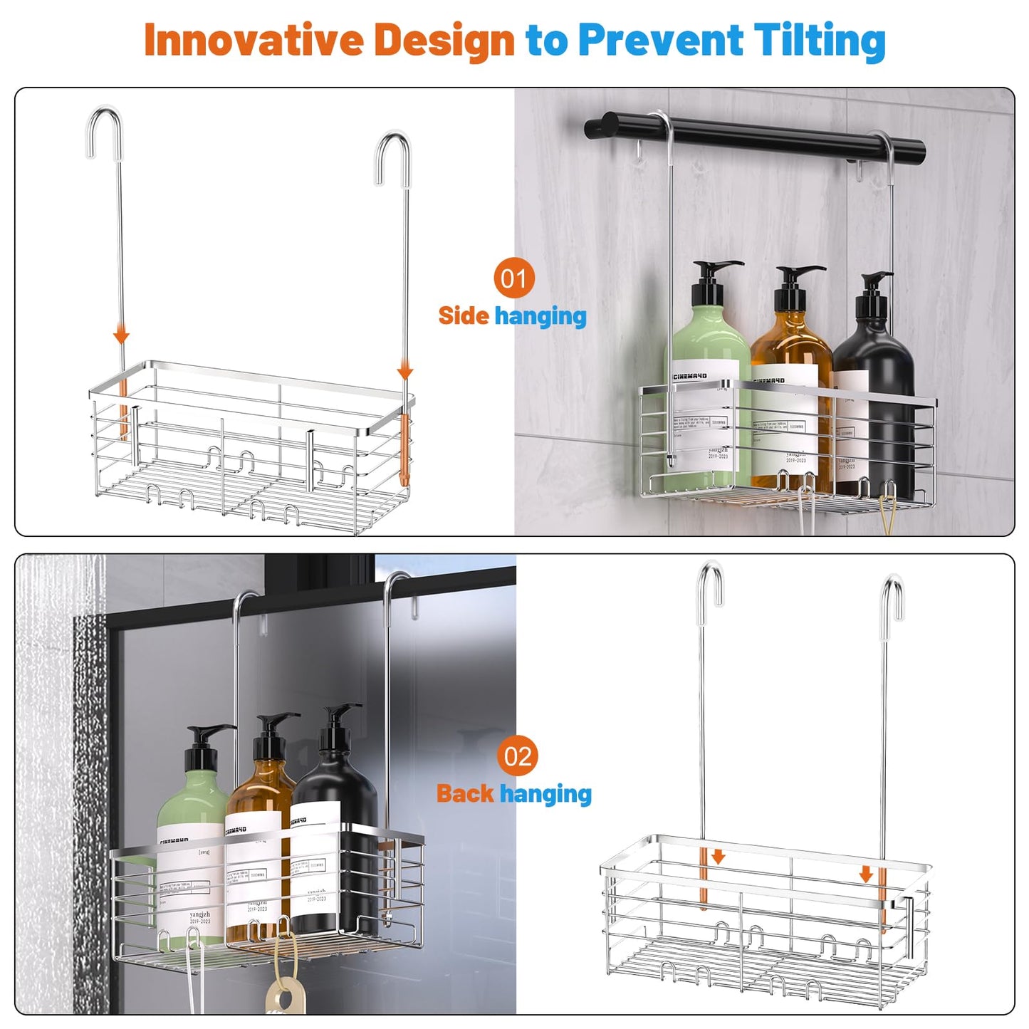 Shower Caddy Hanging, YUOROS Over the Door Shower Organizer Rack 304 Stainless Steel Rustproof (Silver)