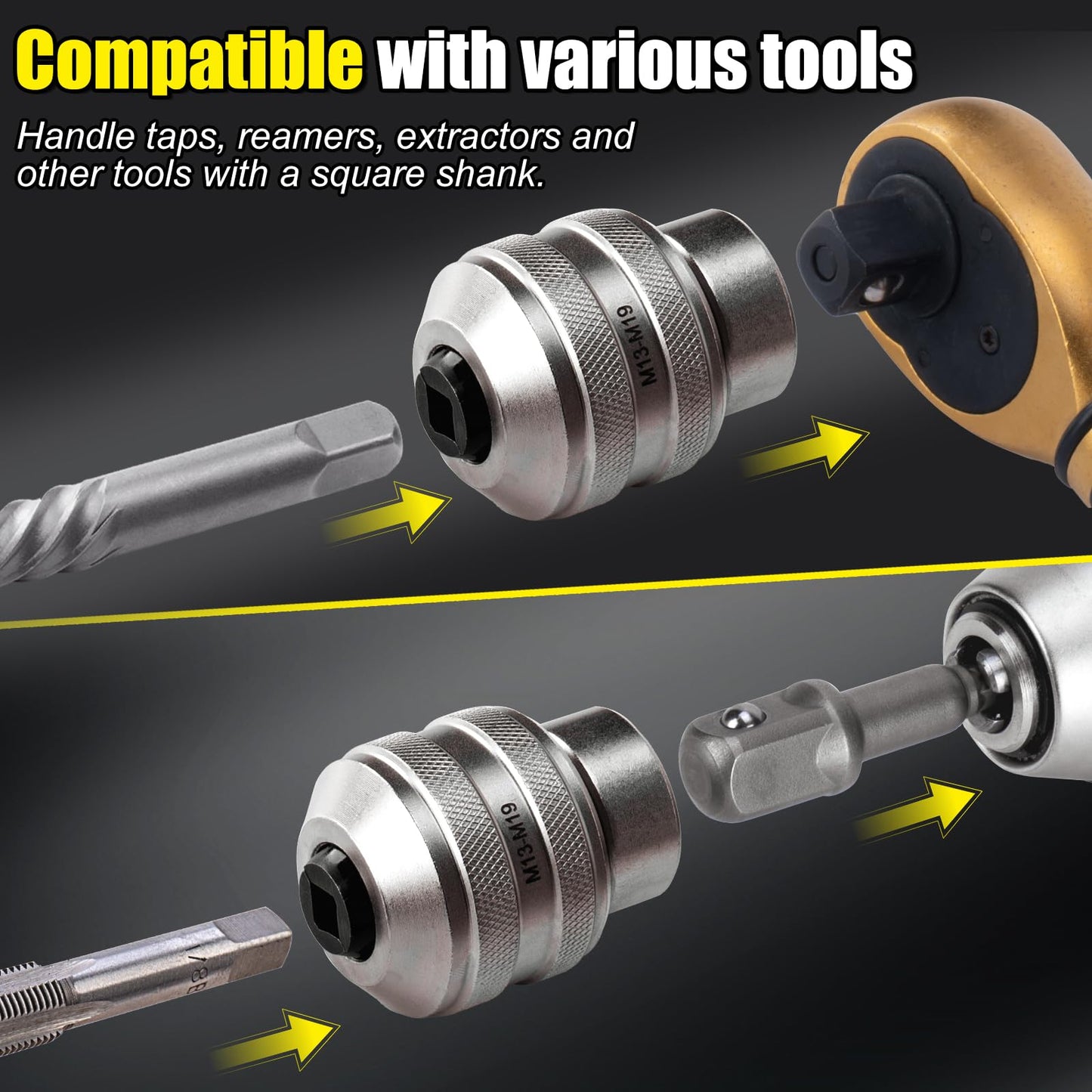Topec Tap Socket Set, 2-Piece 1/2"DR x M13~M19 Adjustable Tap Chuck Tool with a 1/2"Socket Adapter, Tap Handle for Taps, Reamers, Screw Extractors