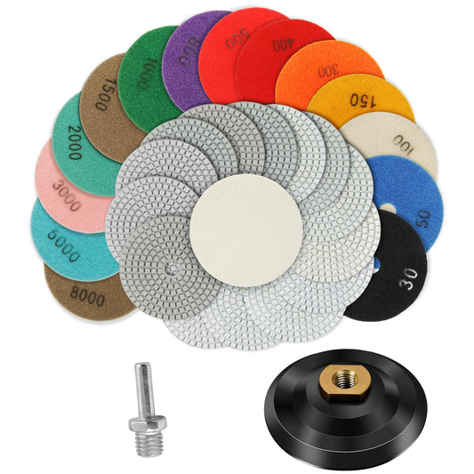 4 Inch Diamond Polishing Pads with 5/8"-11 Backer Pad,16 Pack Wet/Dry Polish Pad Kit for Drill, Grinder, Polisher,30-8000 Grit Pads for Granite Marble Concrete Stone Quartz