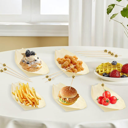 Supkiir 300 Pcs Disposable Wooden Boat Plates with Cocktail Picks, 14 cm Wood Boat Plates for Appetizer, Small Sushi Boat Serving Tray Food Container for Catering, Home and Party