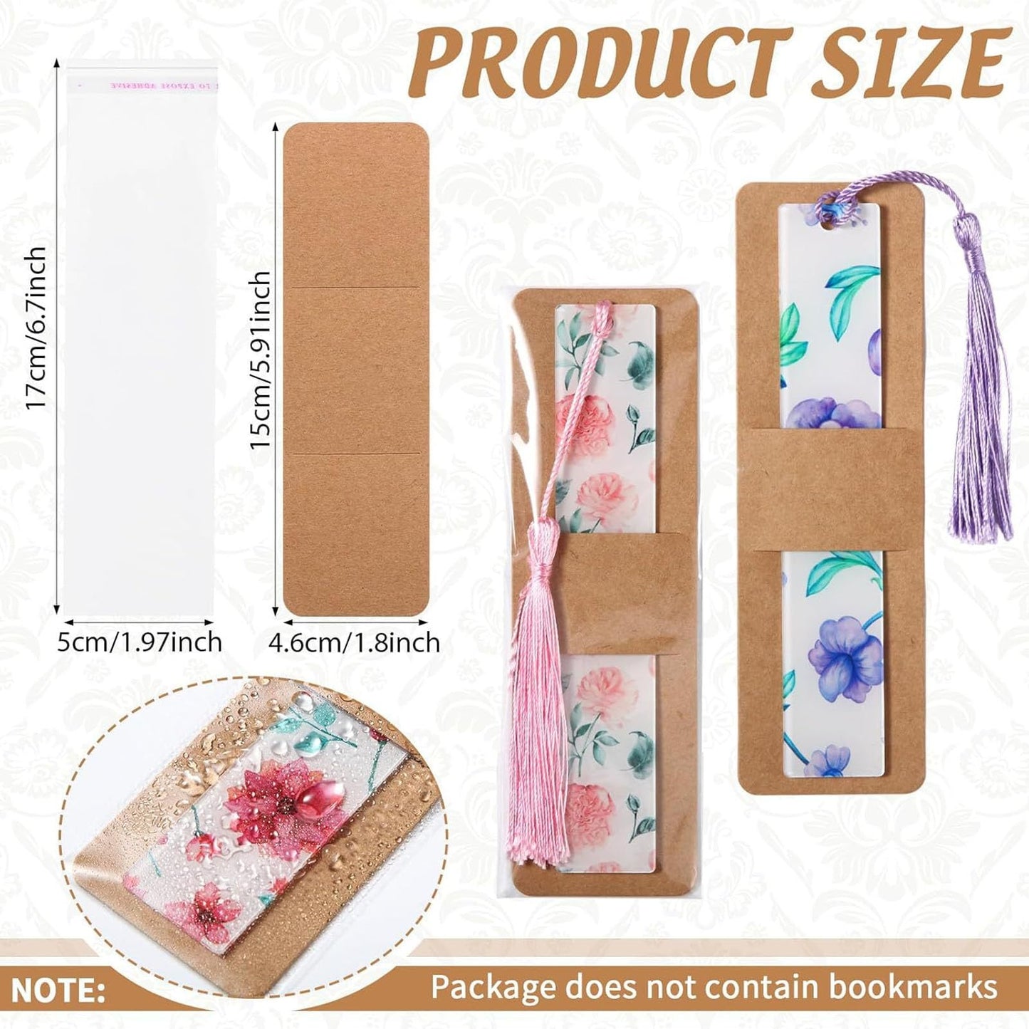Bookmark Sleeves, 200PCS Blank Kraft Bookmarks Sleeves, Bookmarks Display Card and Transparent Self Adhesive Bag for Crafting Bookmark Wrapping