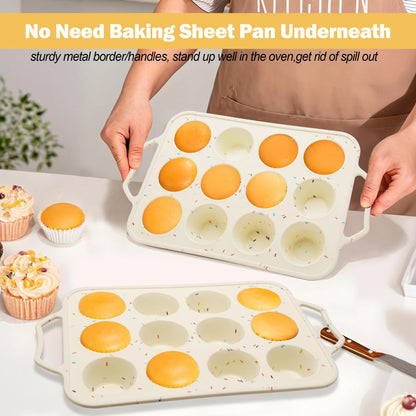 2 Pack Silicone Muffin Pans for Baking with Metal Reinforced Frame, Cupcake Pans Nonstick 12 Regular Size Cups, BPA Free Muffin Tin for Egg Bites Cake, Easy Pop Out & Dishwasher/Microwave/Freezer Safe